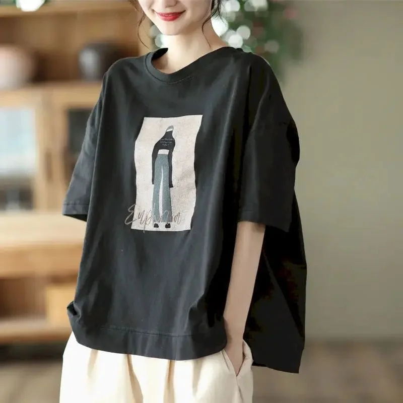 Women Cartoon Print 100% Cotton Loose T Shirt Comfortable Short Sleeve Tee