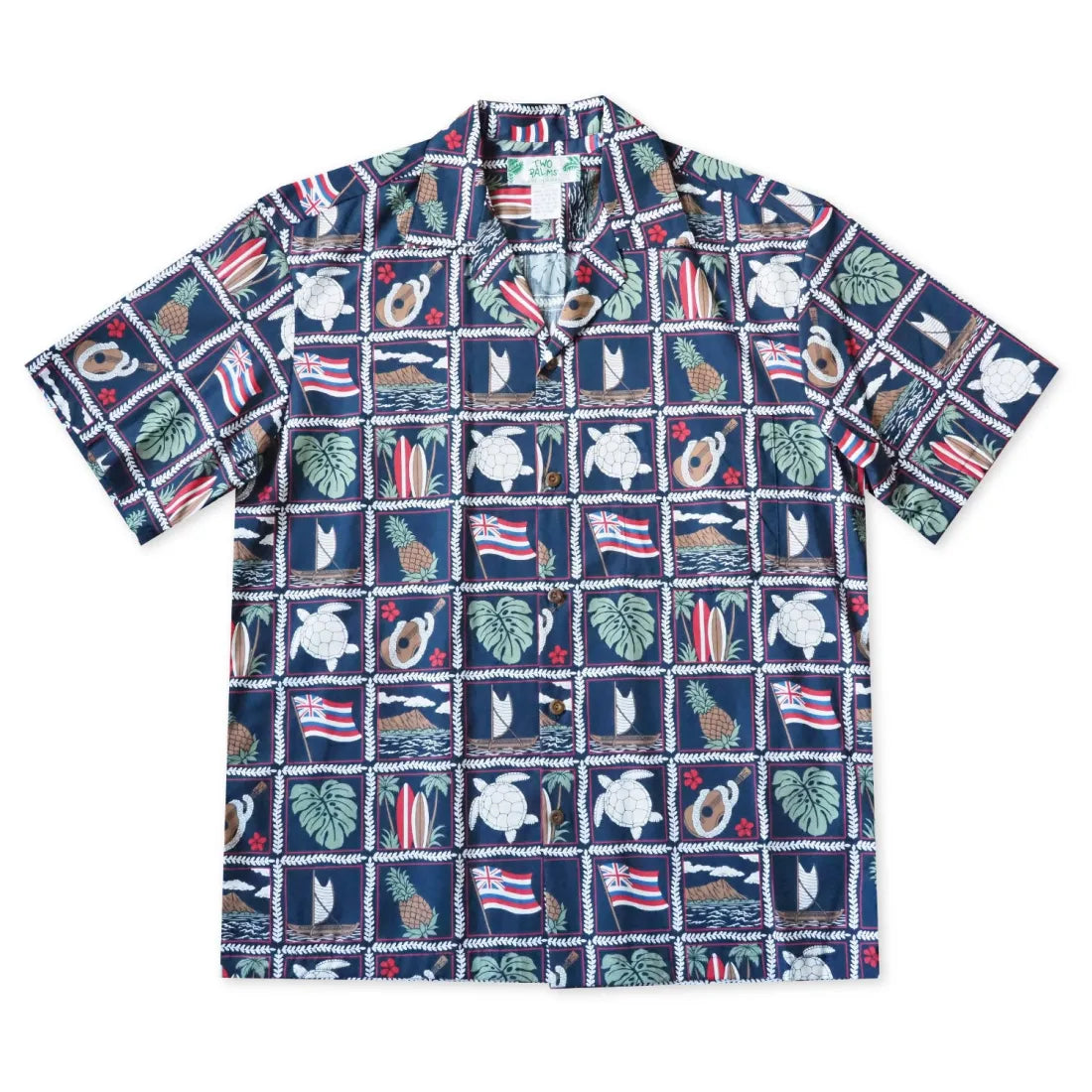 50th State Navy Blue Hawaiian Cotton Shirt Stylish Short Sleeve Polo