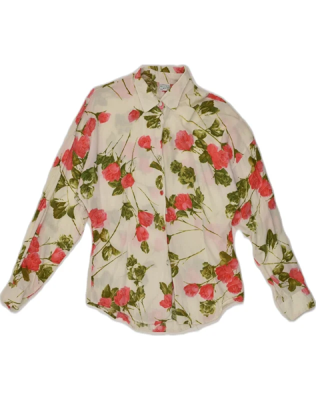 BENETTON Womens Shirt Blouse IT 44 Medium White Floral Relaxed Cotton Short Blouse