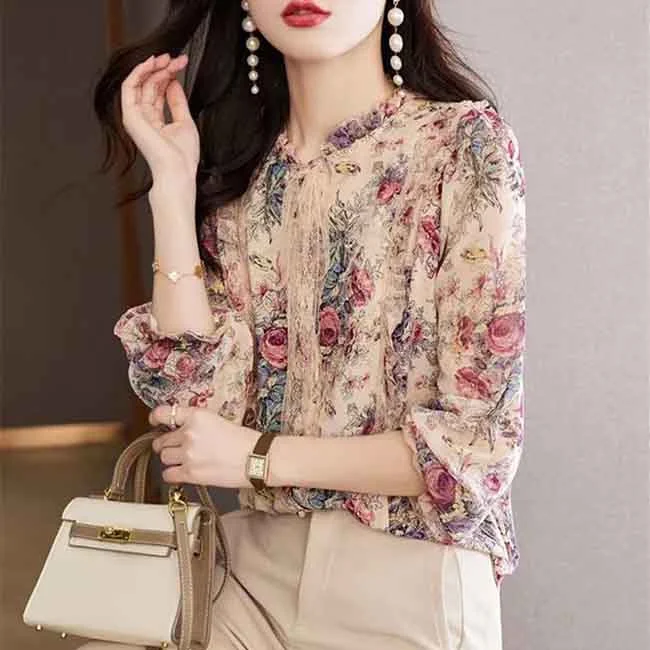 Chiffon Shirt Women's Embroidered Bow Print Top Women's High-end Shirt Comfortable Fit Short Shirt