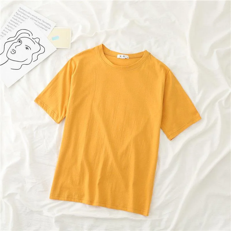 Cotton  Women Round Neck Short Sleeve Tops T Shirt Comfortable Pocket Short Shirt