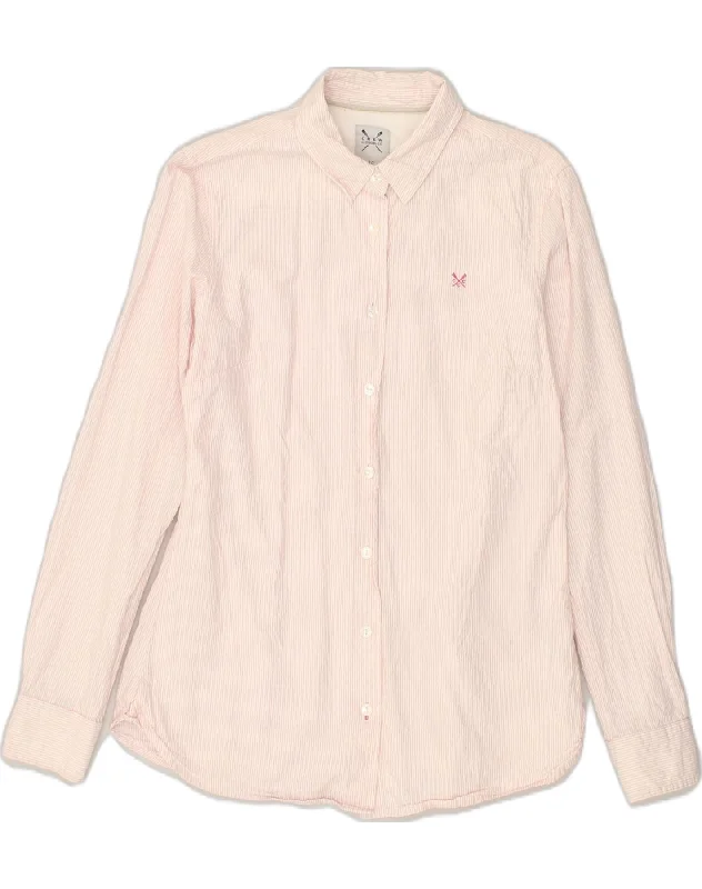 CREW CLOTHING Womens Shirt UK 10 Small Pink Pinstripe Cotton Trendy Ruffled Short Sleeve