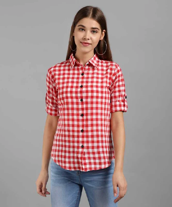 TANDUL  Women Regular Fit Self Design, Checkered Casual Shirt Casual Short Sleeve Top