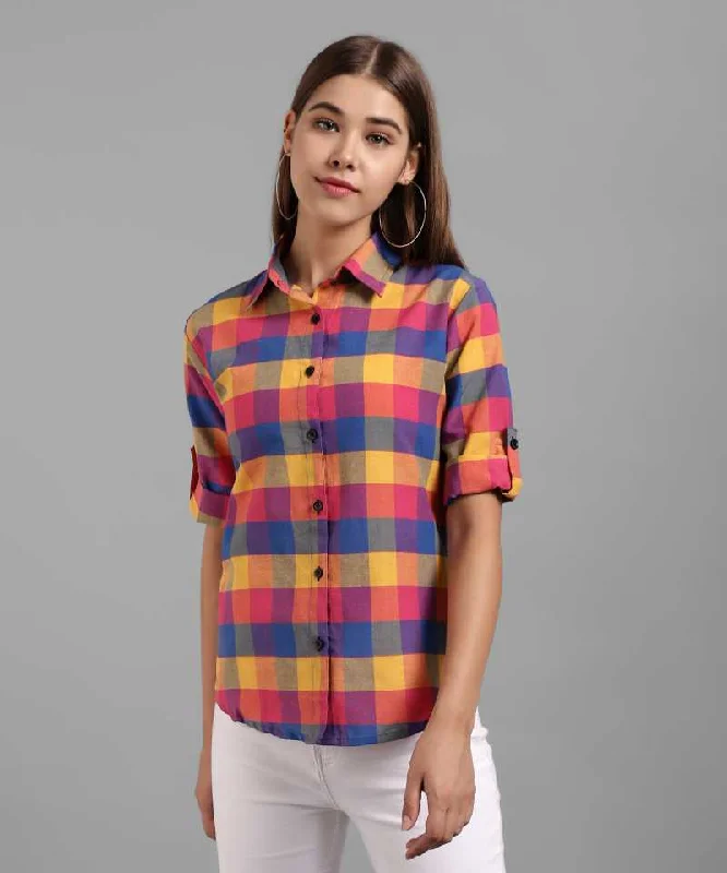 TANDUL  Women Regular Fit Self Design, Checkered Casual Shirt Modern Casual Short Sleeve