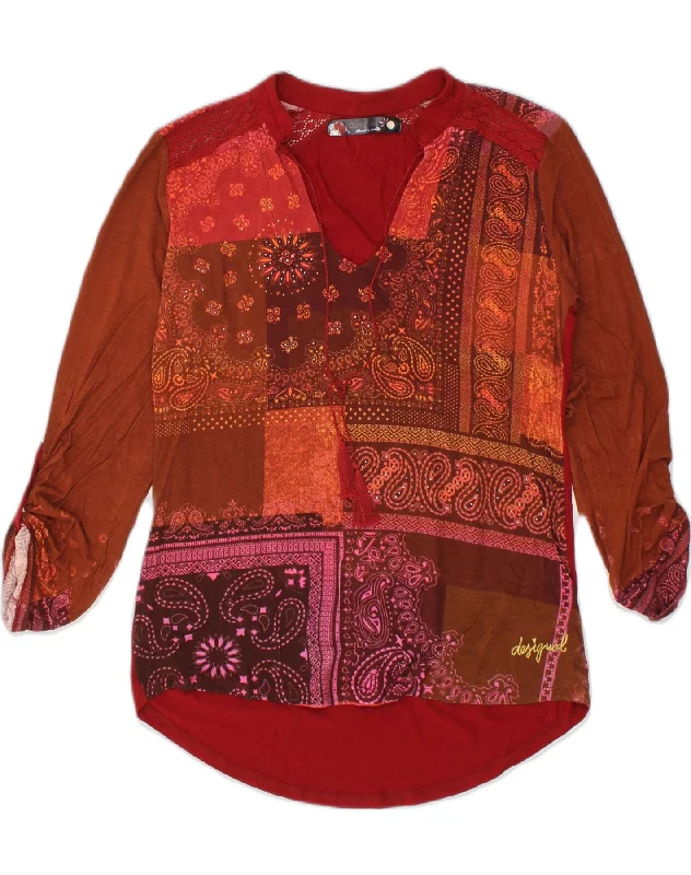 DESIGUAL Womens Shirt Blouse UK 14 Large Red Patchwork Viscose Casual Button-Up Short Tee