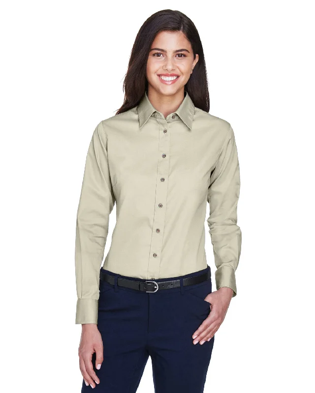 Harriton Ladies' Easy Blend Long-Sleeve Twill Shirt with Stain-Release Stylish Short Sleeve Top