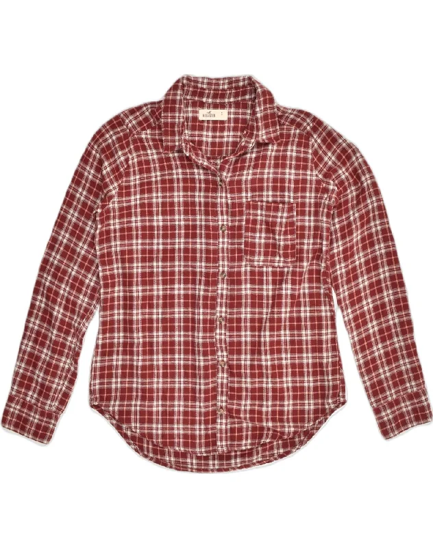 HOLLISTER Womens Shirt UK 10 Small Maroon Check Cotton Fashionable Cuffed Short Sleeve