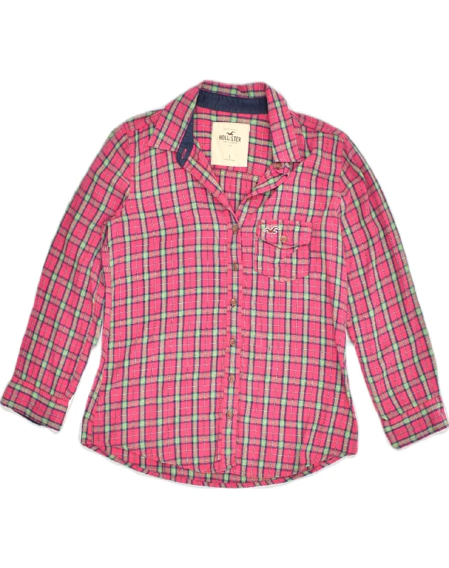 HOLLISTER Womens Shirt UK 10 Small Pink Check Cotton Casual Cotton Short Shirt