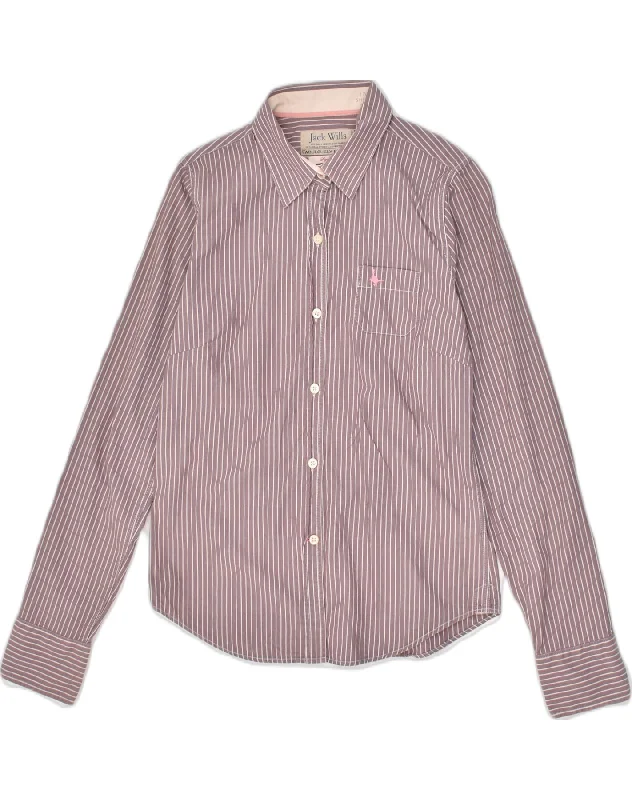 JACK WILLS Womens Shirt UK 10 Small  Purple Pinstripe Cotton Chic Embellished Short Sleeve