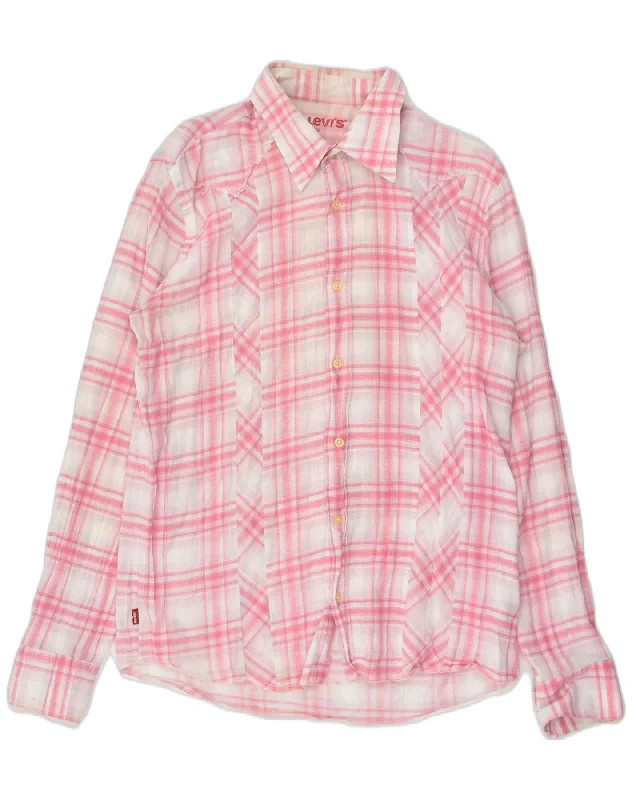 LEVI'S Womens Shirt UK 14 Large Pink Check Cotton Elegant Silk Short Shirt