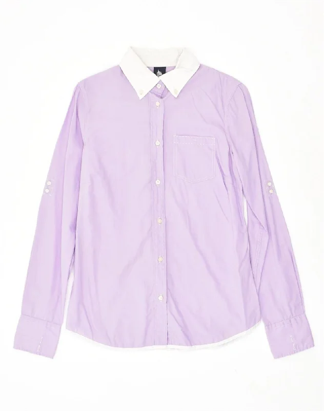 MARINA YACHTING Womens Shirt UK 12 Medium Purple Cotton Classic V-Neck Short Shirt