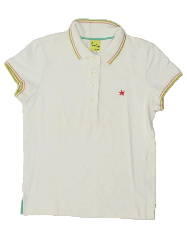 PAUL SMITH Womens Polo Shirt UK 14 Large White Cotton Cozy Linen Short Shirt