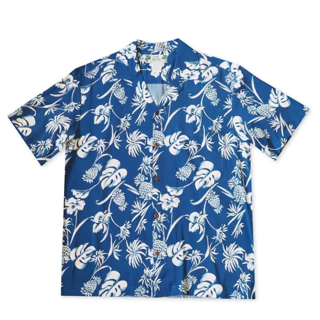 Pineapple Paradise Blue Hawaiian Rayon Shirt Soft Silk Short Sleeve