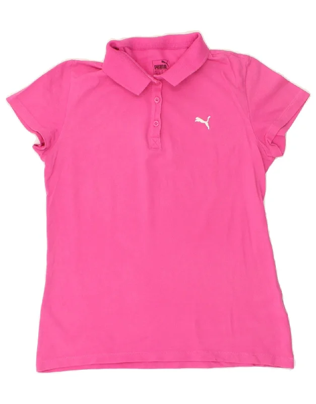 PUMA Womens Polo Shirt UK 12 Medium Pink Relaxed Cotton Short Blouse