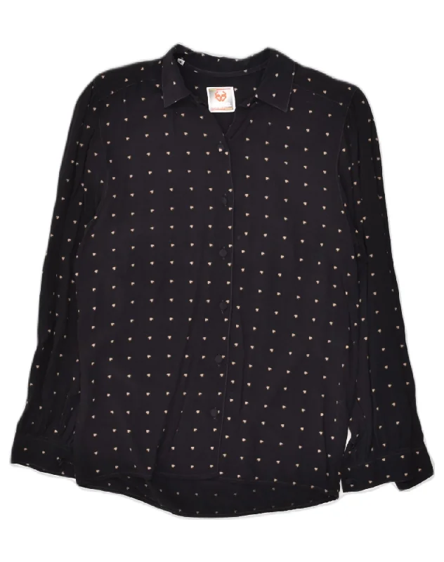 STEFANEL Womens Shirt UK 10 Small Black Spotted Viscose Cozy Loose Fit Short Sleeve