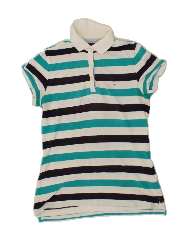 TOMMY HILFIGER Womens Polo Shirt UK 12 Medium Blue Striped Classic Button-Up Short Tee