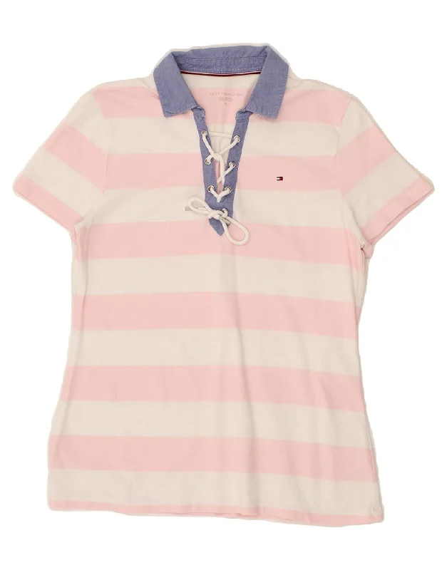 TOMMY HILFIGER Womens Polo Shirt UK 12 Medium Pink Striped Cotton Comfortable Knit Short Shirt