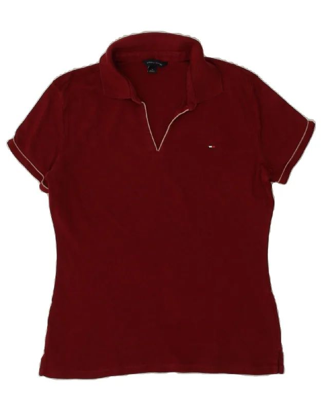 TOMMY HILFIGER Womens Polo Shirt UK 14 Medium Red Cotton Elegant Off-Shoulder Short Shirt