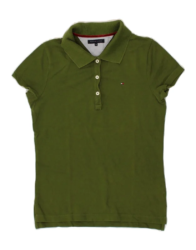 TOMMY HILFIGER Womens Polo Shirt UK 6 XS Green Cotton Elegant Lace-Trimmed Short Shirt