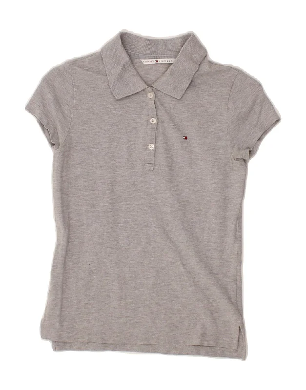 TOMMY HILFIGER Womens Polo Shirt UK 6 XS Grey Trendy Floral Short Sleeve