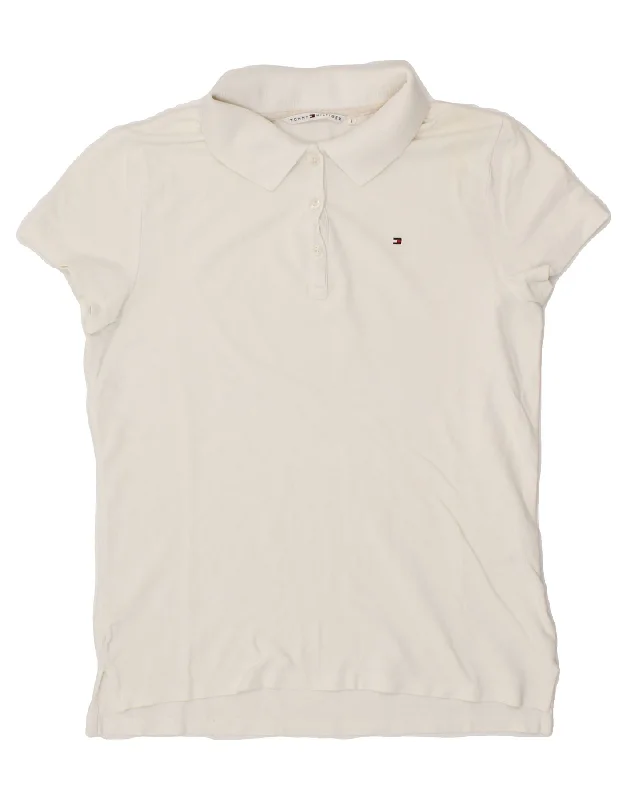 TOMMY HILFIGER Womens Polo Shirt US 1 XS Off White Cotton Fashionable Cuffed Short Sleeve