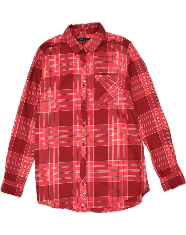 TOMMY HILFIGER Womens Shirt UK 16 Large Red Check Cotton Relaxed Fit Short Blouse