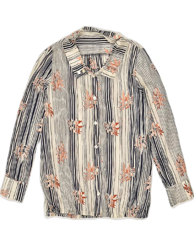 VINTAGE Womens Shirt Blouse UK 18 XL Beige Striped Flower Modern Casual Short Sleeve