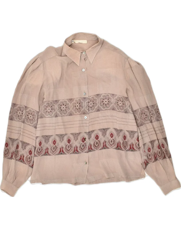 VINTAGE Womens Shirt IT 46 Large Beige Patchwork Acetate Cozy Printed Short Shirt