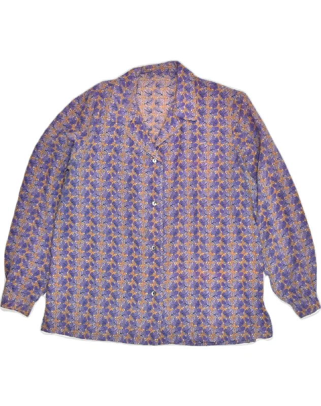 VINTAGE Womens Shirt UK 18 XL Purple Floral Stylish Printed Short Shirt