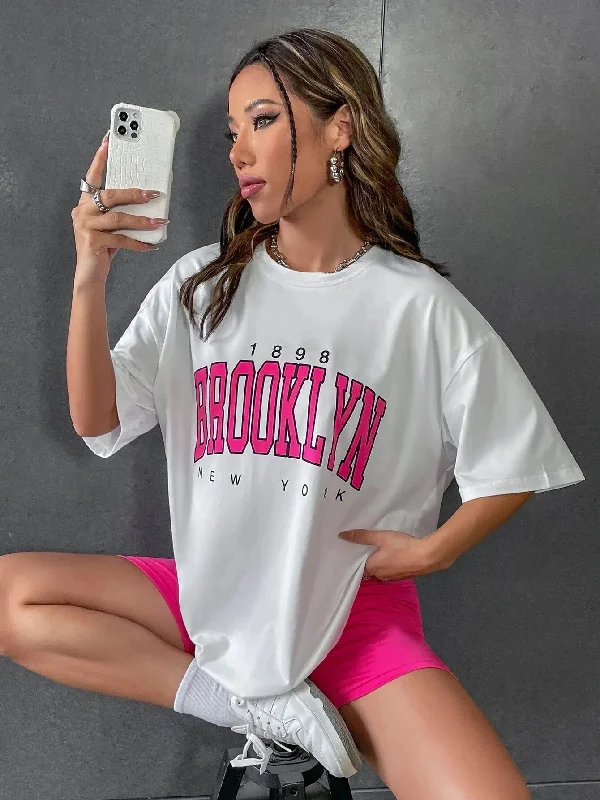 Women 1898 Brooklyn York Letter Print T Shirt Trendy Sleeveless Short Shirt