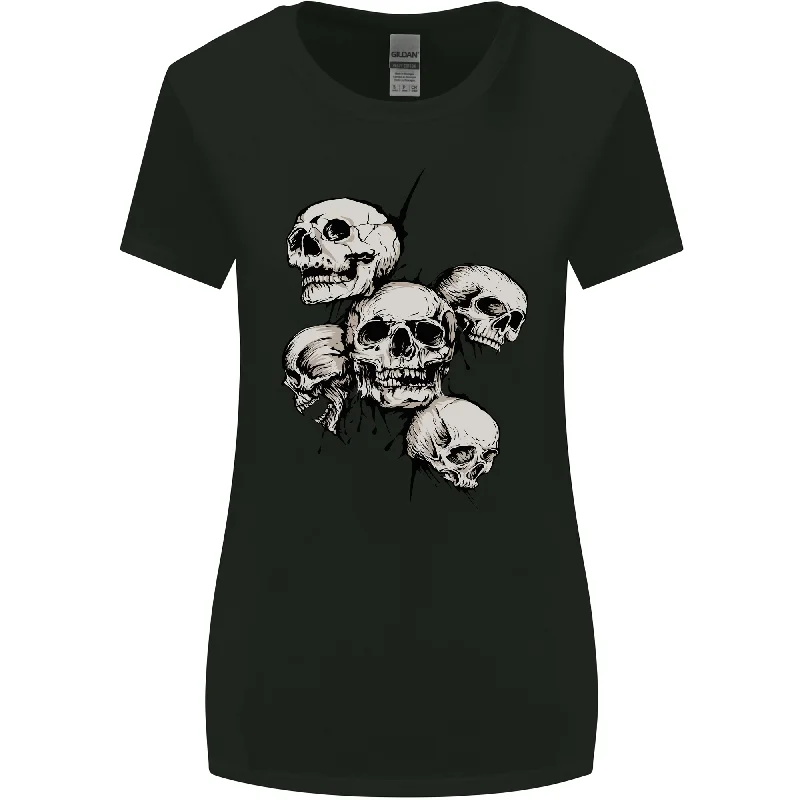 5 Skulls Demons Biker Gothic Heavy Metal Womens Wider Cut T-Shirt Denim Fabric Leather Fabric Suede Fabric