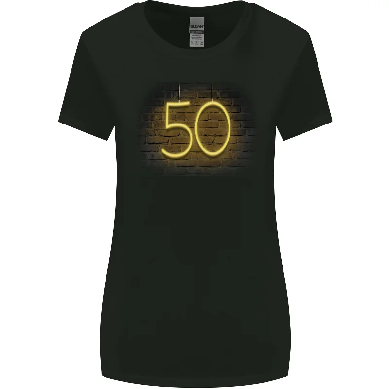 50th Birthday Neon Lights 50 Year Old Womens Wider Cut T-Shirt Front Pockets Side Pockets Patch Pockets