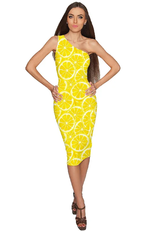 A Piece of Sun Layla Yellow One-Shoulder Bodycon Midi Dress - Women Fashionable Shift Midi Dress