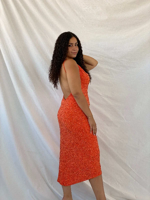 Stunning Alexia Admor Beaded Hot Orange Backless Midi Dress - L Comfortable Sleeveless Midi Dress