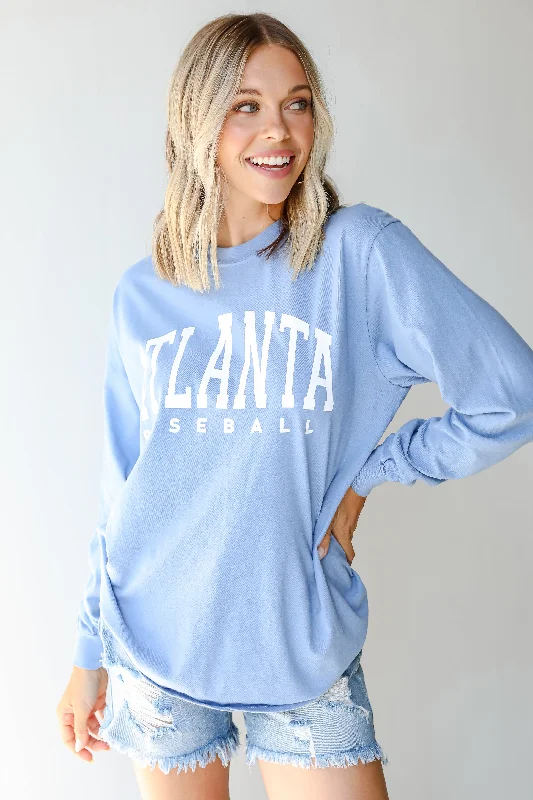 Light Blue Atlanta Baseball Long Sleeve Tee Satin Blend Silk Blend Wool Blend