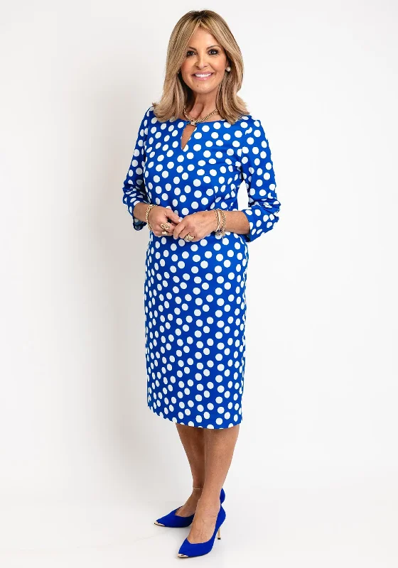 Avalon Zoe Polka Dot Pencil Midi Dress, Royal Trendy Off-Shoulder Button Midi Dress