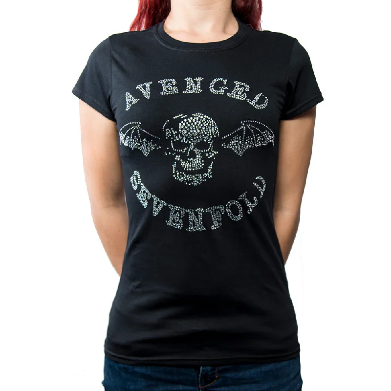 Avenged Sevenfold Ladies Fashion T-Shirt: Death Bat (Diamante) Nylon Fabric Polyester Fabric Spandex Fabric