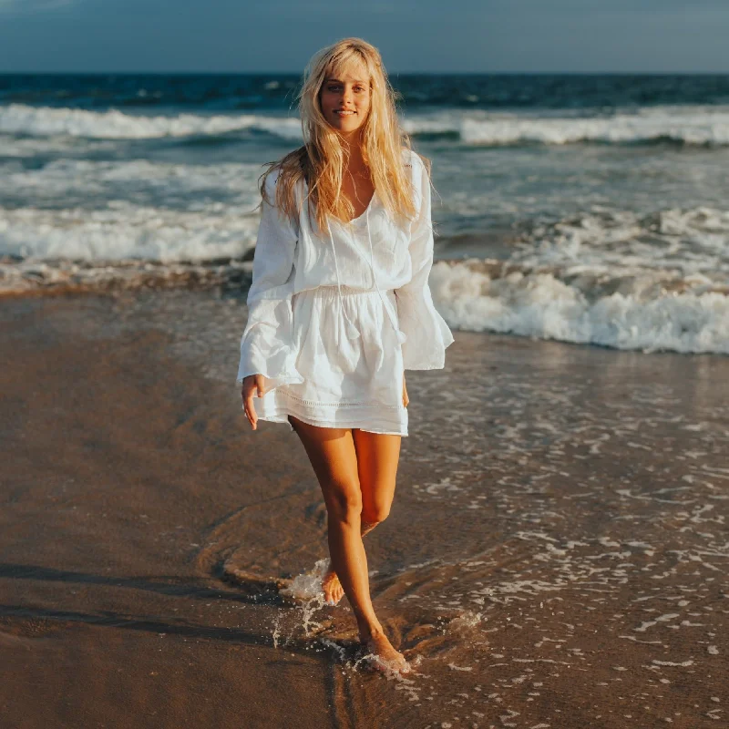 Bell Sleeve Mini Dress in White Cozy Cotton Mini Dress