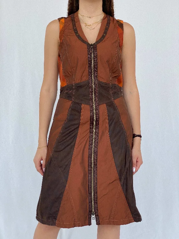 BIBA Patchwork Brown Midi Dress Size M Comfortable Short Sleeve Midi Dress