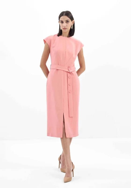 Birélin Button Fasten Belt Midi Dress, Apricot Cozy Midi Dress with Pockets