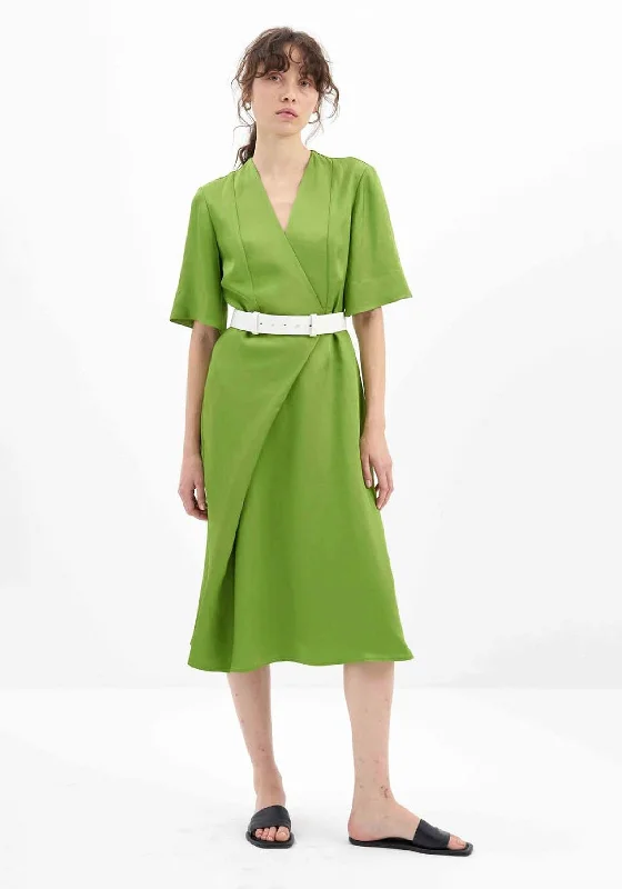 Birélin Mock Wrap A-Line Midi Dress, Green Cozy A-Line Midi Dress