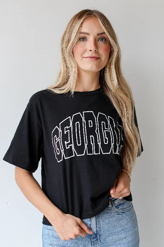 Black Georgia Block Letter Cropped Tee Embroidered Appliqued Beaded