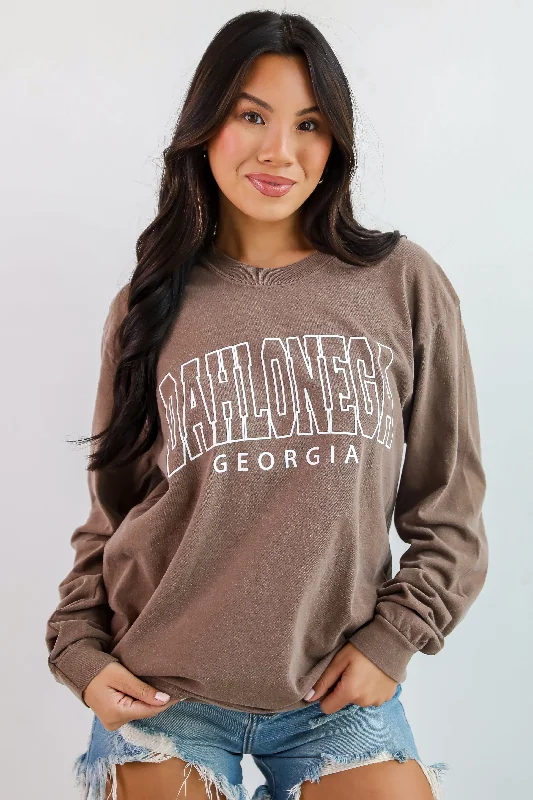 Brown Dahlonega Georgia Block Letter Long Sleeve Tee Graphic T-Shirt Round Neck Polyester