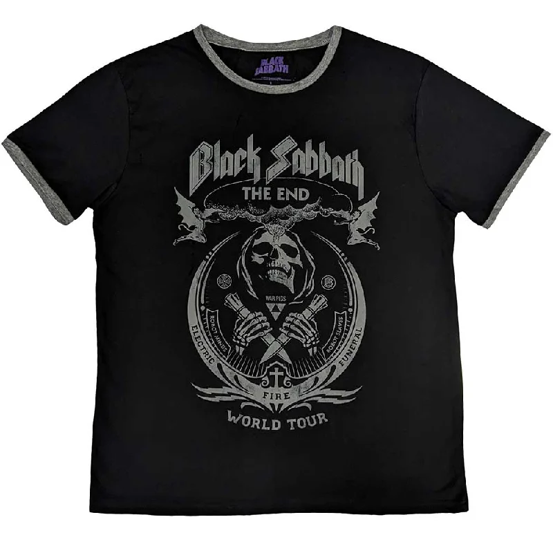 Black Sabbath | Official Band Ringer T-Shirt | The End Mushroom Cloud Hooded Caped Shawl Collar