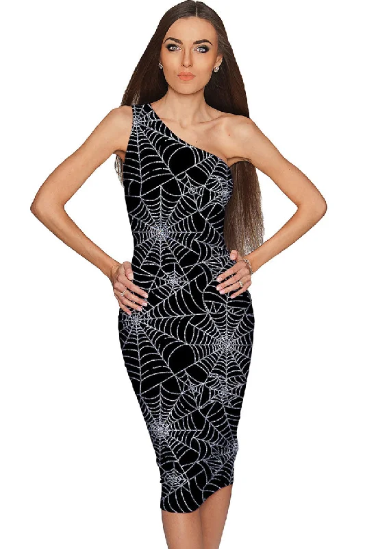 Bugs & Kisses Layla Black Spider Web Print Bodycon Midi Dress - Women Cozy Midi Dress with Pockets