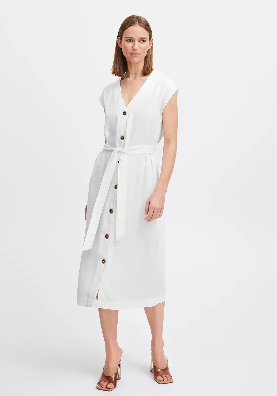 B.Young Ilini Tie Waist Midi Dress, Marshmallow Elegant Satin Button Midi Dress