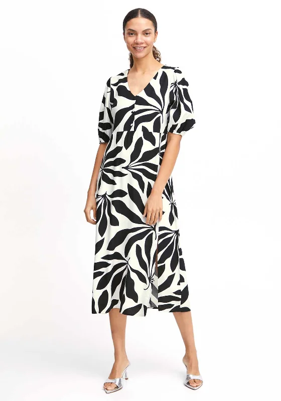 B.Young Janina Satin Palm Print Midi Dress, Black & White Comfortable Floral Print Midi Dress