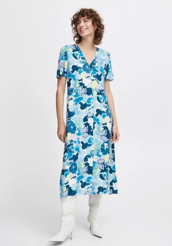 B.Young Joella Watercolour Inspired Buttoned Midi Dress, Angel Blue Trendy Mock Neck Midi Dress