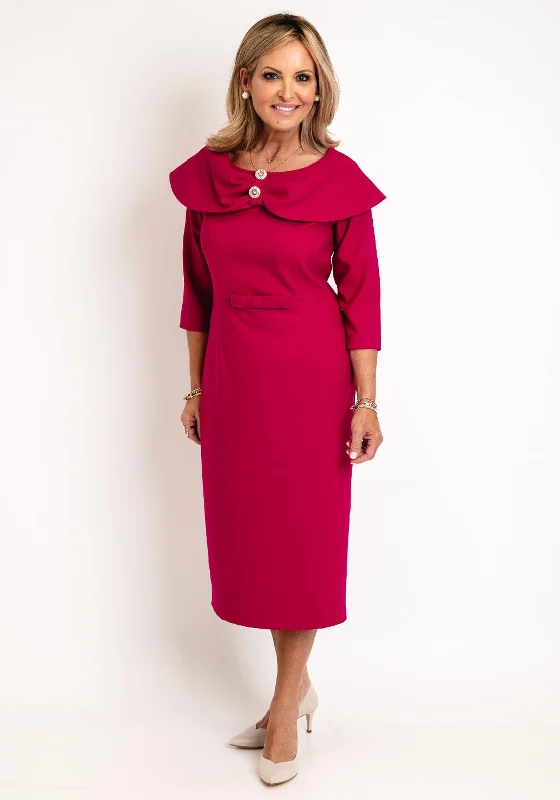 Cassandra Amara Embellished Collar Midi Dress, Magenta Trendy Shift Midi Dress