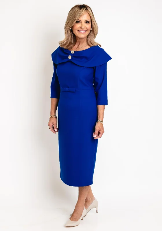 Cassandra Amara Embellished Collar Midi Dress, Royal Blue Stylish Color Block Midi Dress